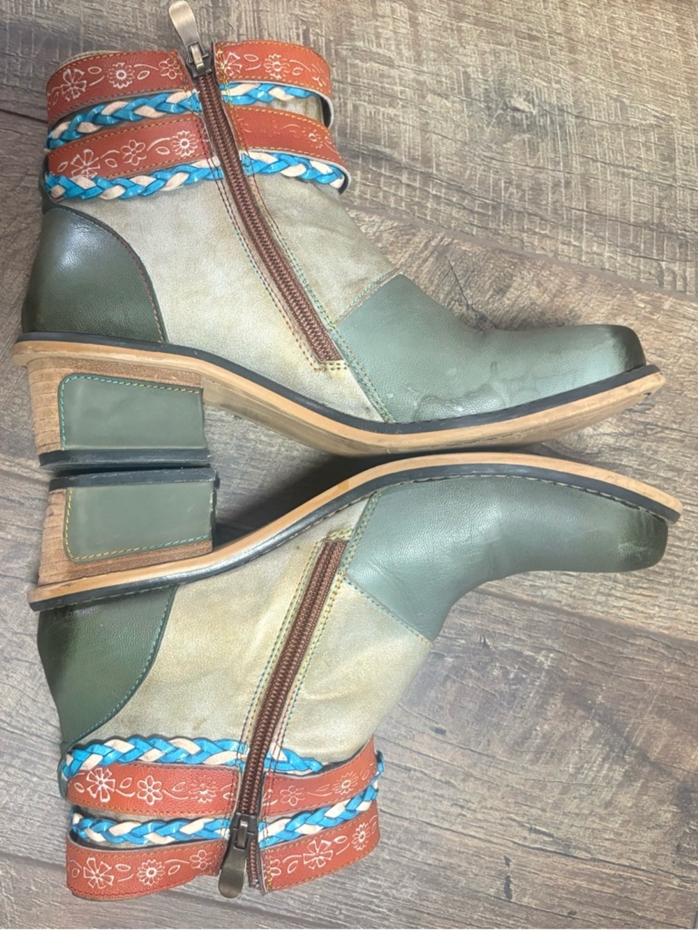 Socofy Boho Leather Ankle Boots EU 39 Embroidered Buckle Floral Lined - Picture 5 of 13